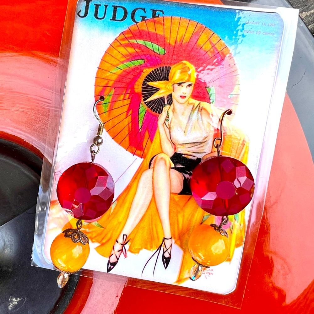 Dangly Art Deco Red and Yellow Handmade Flapper Earrings